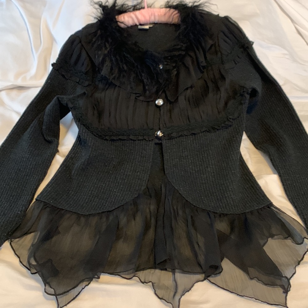 Uptown Girl Sweater, Black knitted fabric , sheer detail, Medium.